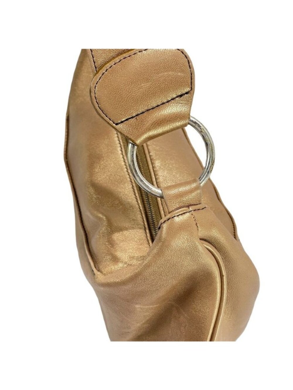 Bolsa Metallic Gold Lambskin Leather Shoulder Bag With Ultrasuede Lining Zip Clo - Picture 13 of 14